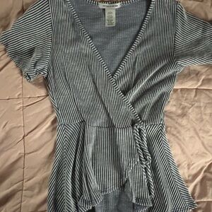 Caution to the Wind- Striped Wrap Top - Blue and White